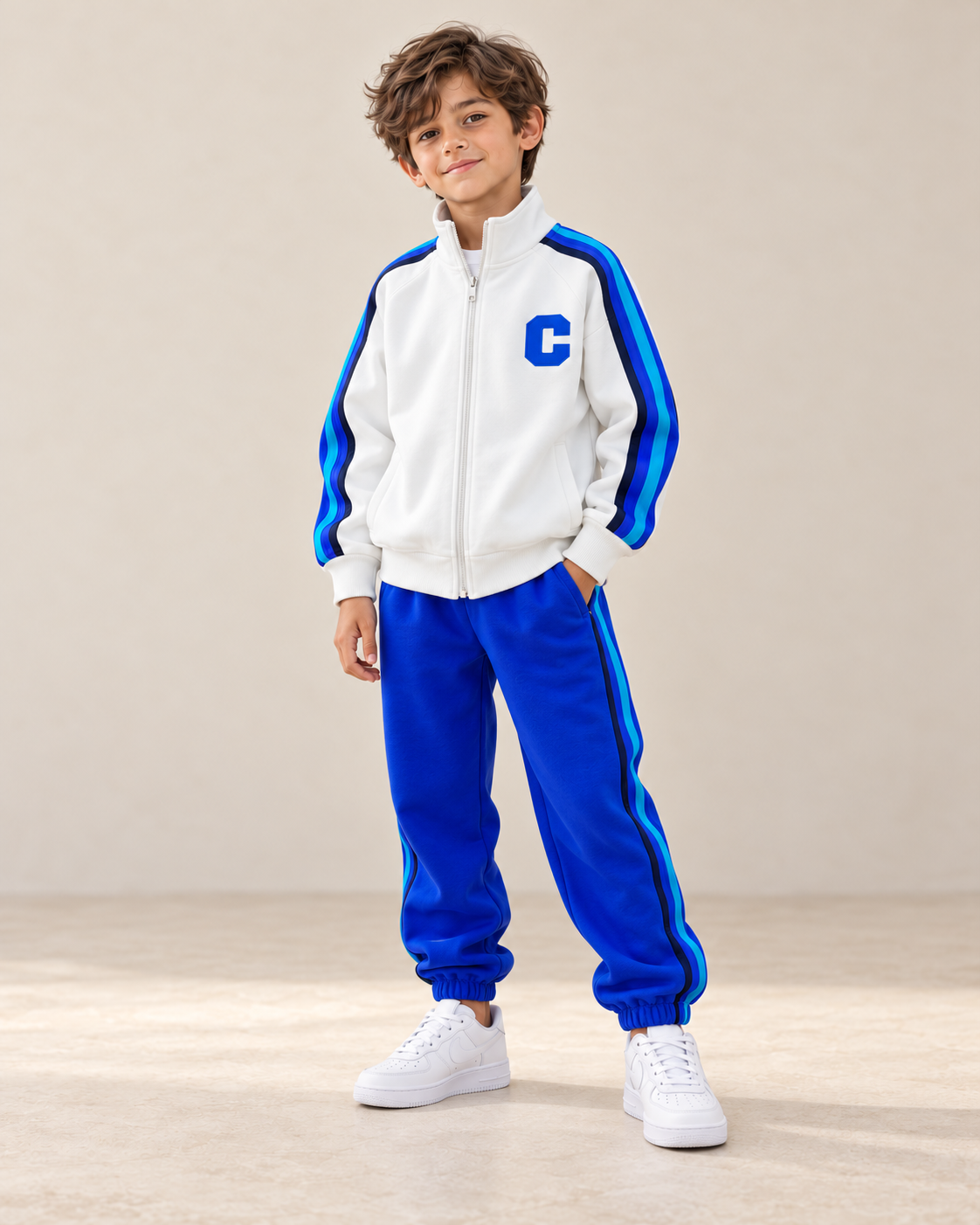 Chándal de niño blanco roto con pantalón azul, vista frontal