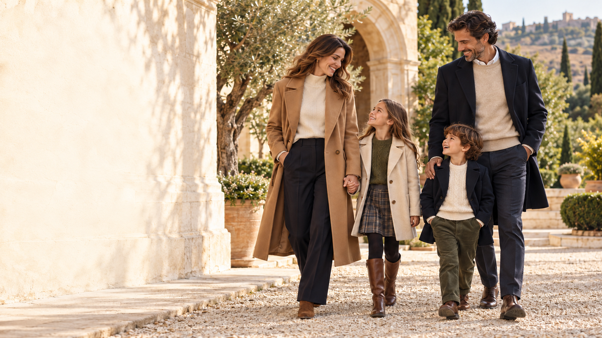 Familia compartiendo un momento feliz con moda elegante de otoño en un jardín mediterráneo